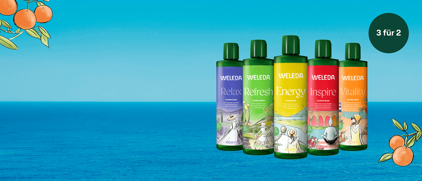 Maritimer HIntergrund mit Abbildung der Weleda 400ml Duschen im Vordergrund