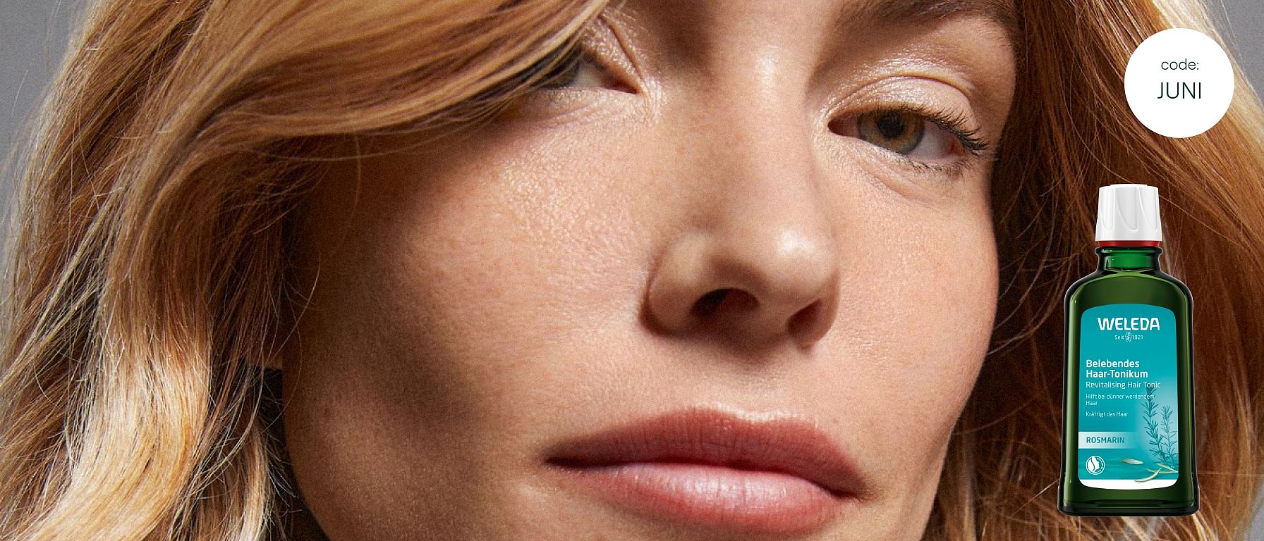 Frau mit hellen Haaren und Abbildung des Belebenden Haar-Tonikums