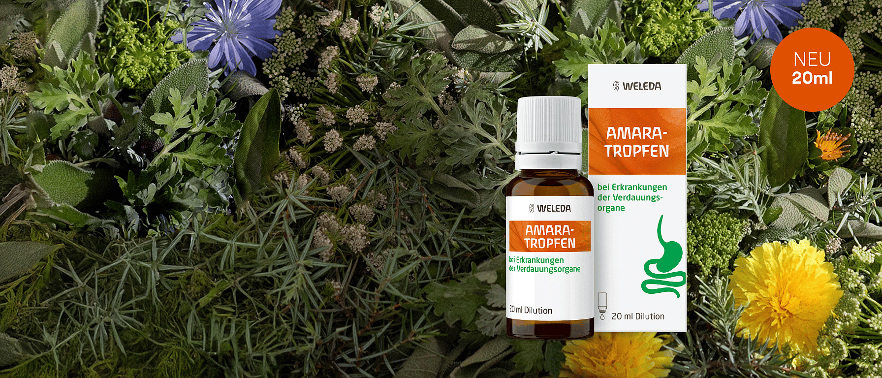 Amara Tropfen in neuer 20ml Größe vor Hintergrund von verschiedenen Pflanzen