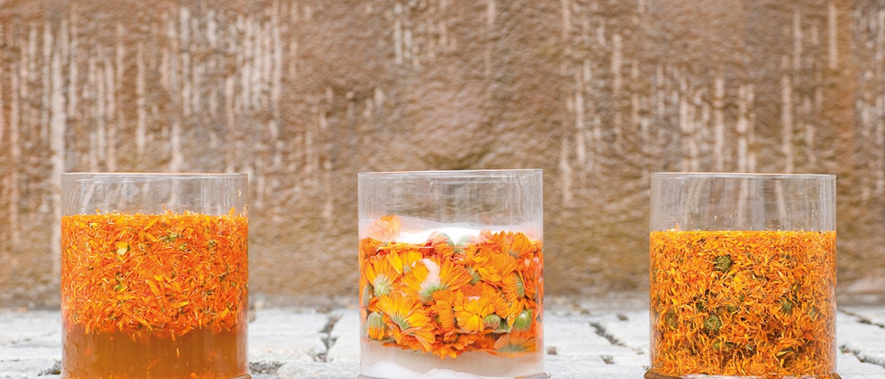Calendula Blüten in Gläsern