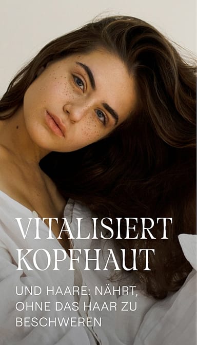 Frau mit langen dunklen Haaren. Vitalisiert Kopfhaut und Haare: nährt ohne das Haar zu Beschweren.