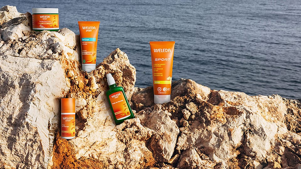 Weleda Arnika Produkte auf einem Felsen am Meer