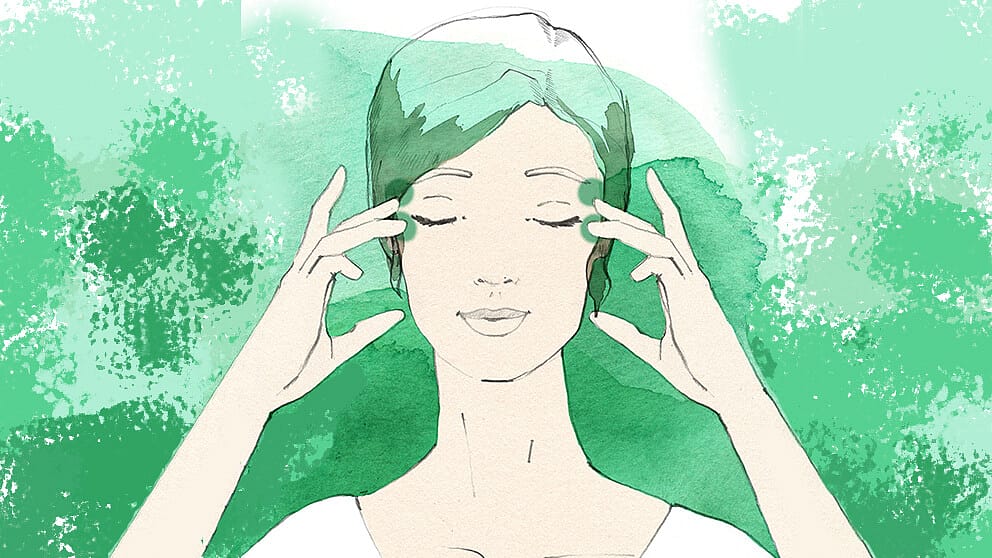 Illustration einer Frau, die mit den Fingern an die Schlaefen tippt